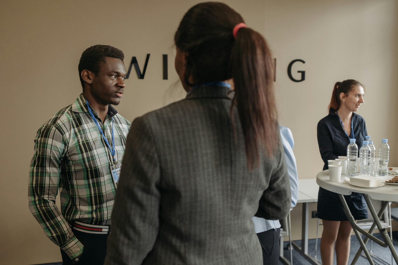Professionals networking at a business event